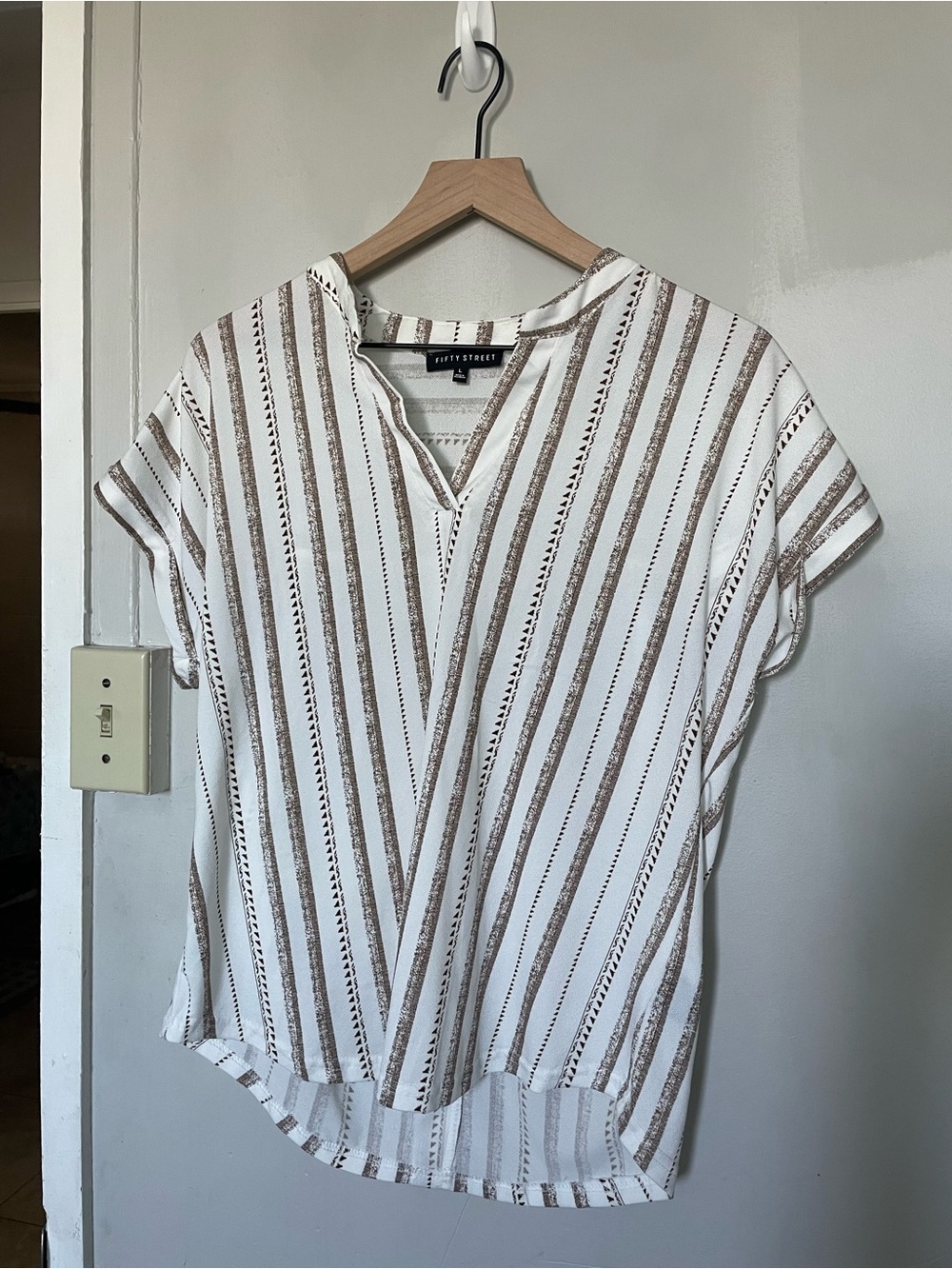 Striped V-Neck Short Sleeve Blouse in White and Brown